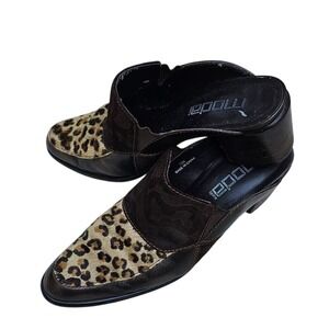 Moda Spana Calf Pony Hair Animal Print Brown Leather Slides Mules Sz 7.5 Medium